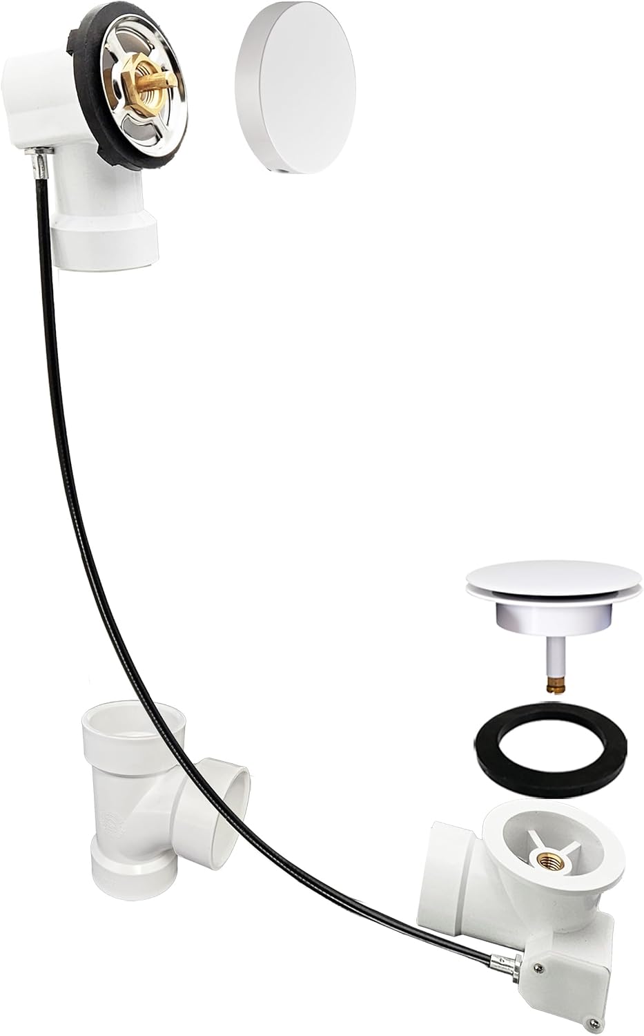 Westbrass D50P35SRE-50 35' Cable Drive Bathtub Drain Trim with Rotary Overflow Cover Knob, Pop-Up Stopper Sch. 40 PVC Fittings, Powder Coat White