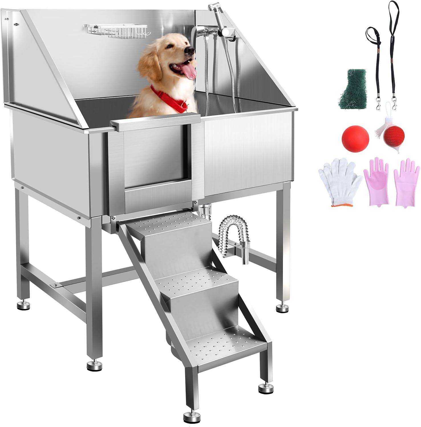 Dog Grooming Tub, 38' L Pet Wash Station, Professional Stainless Steel Pet Grooming Tub with Ramp, Faucet, Sprayer, and Drain Kit,L-Door