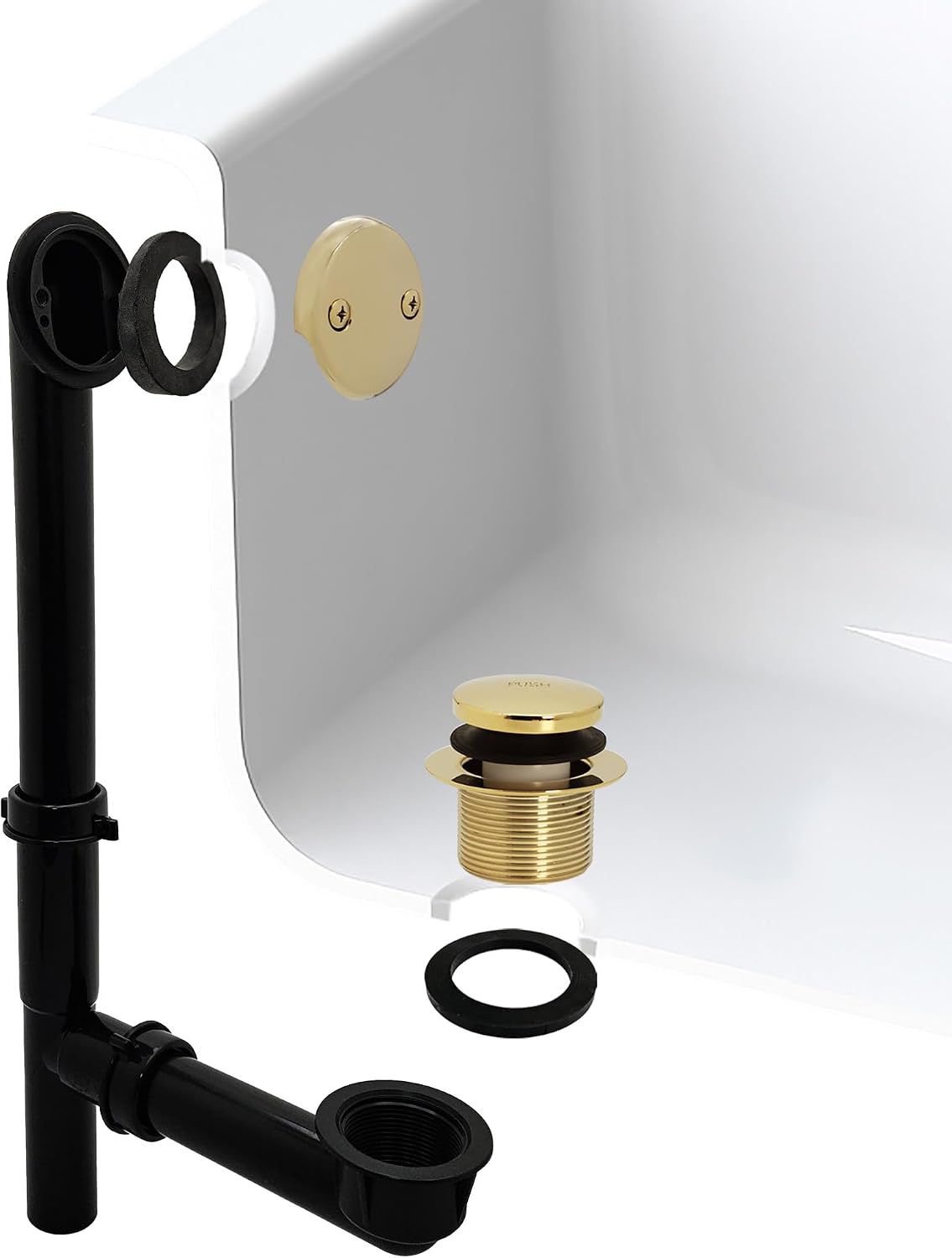 Westbrass 593144-12-01 14' Black Poly Tubular Bathtub Waste & Overflow Assembly with Tip-Toe Drain Plug and 2-Hole Faceplate, Polished Brass (12-Pack)