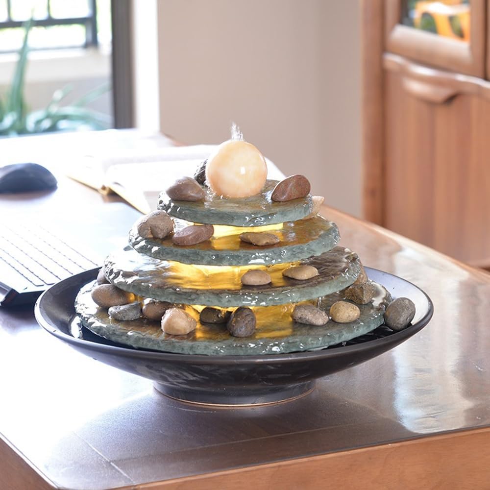 GRFIT Indoor Fountain Small Marble Ceramic Fountain with Round Shape and Circulating Water Flow Ornaments Tabletop Fountain