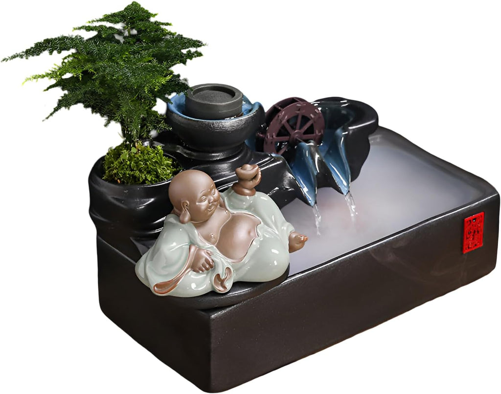 Zen Tabletop Fountain with LED Lights & Mist Maker - Indoor Waterfall Decor with Crystal Stones for Home, Office, Meditation Room - Relaxing Desktop Humidifier Gift (C Style)(A Style+Misting)