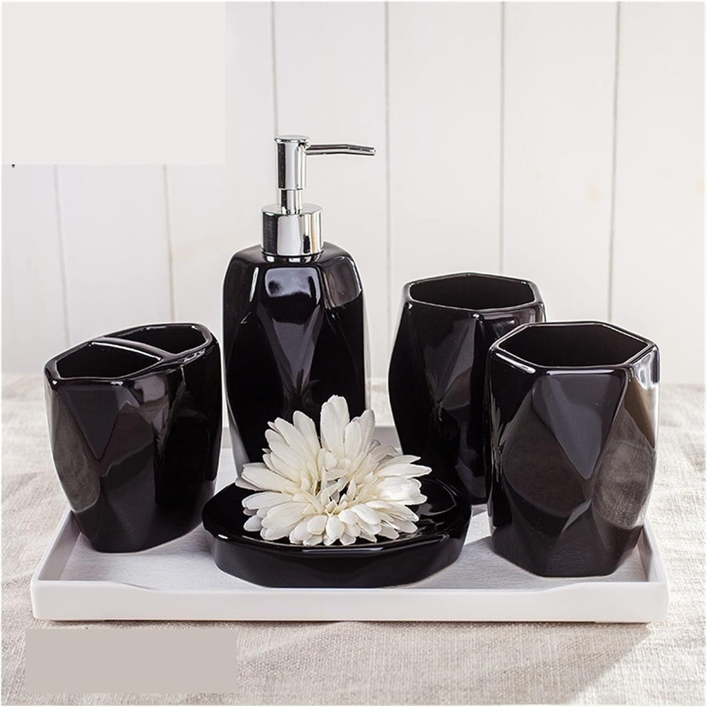 Bathroom Accessory Set Bathroom Accessories Set Ceramic Soap Dispenser Round Bathroom Accessories Set 5 Pieces Toothbrush Holder Mouthwash Cups Soap Dish Bath Accessory Set,Black,6 Pieces