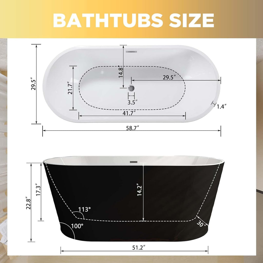 59' Oval Freestanding Soaking Bathtub with Toe-Tap Chrome Drain, Stand Alone Tub, Acrylic Soaking Tub, Ergonomic (Black, 59')