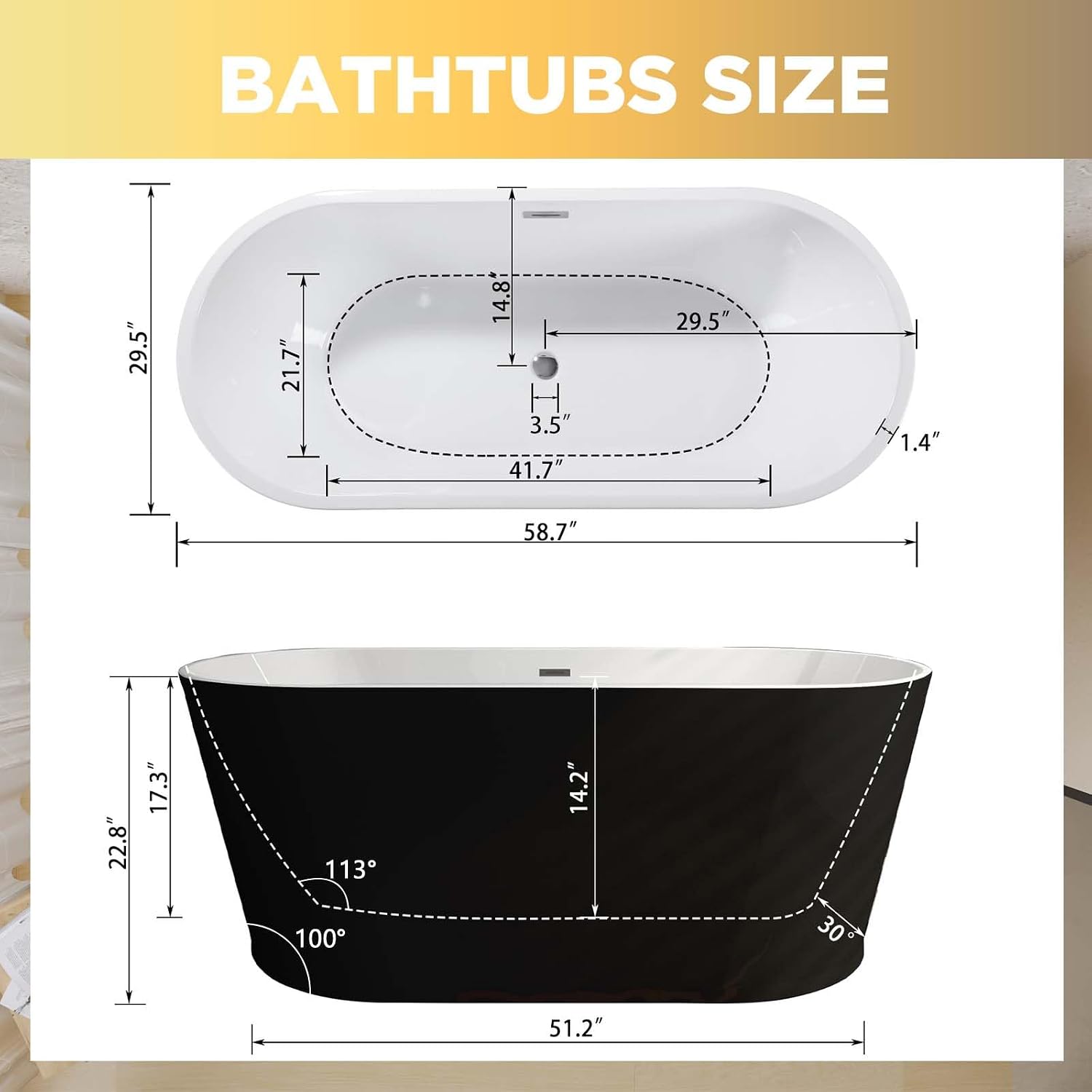 59' Oval Freestanding Soaking Bathtub with Toe-Tap Chrome Drain, Stand Alone Tub, Acrylic Soaking Tub, Ergonomic (Black, 59')