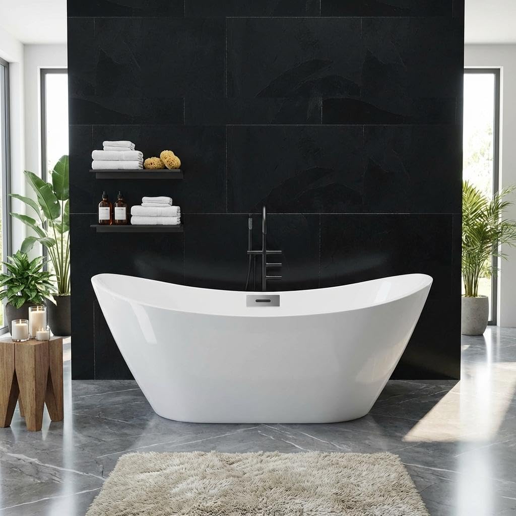 59' Acrylic Freestanding Bathtub, Free Standing Soaking Tub, Freestanding Tub with Overflow and Matte Silver Drain, Modern Bathtub for Bathroom, Hotel, Easy to Install, CUPC Certified, White, SKY-T