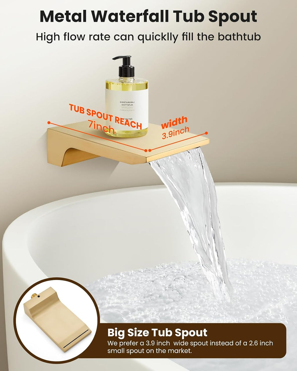 gotonovo Shower System with Tub Spout,Waterfall Tub Shower Faucet Set for Bathroom Head and Handle Set Wall Mounted 3 Function Rough-in Valve and Trim Included 10 inch Shower Head Brushed Gold