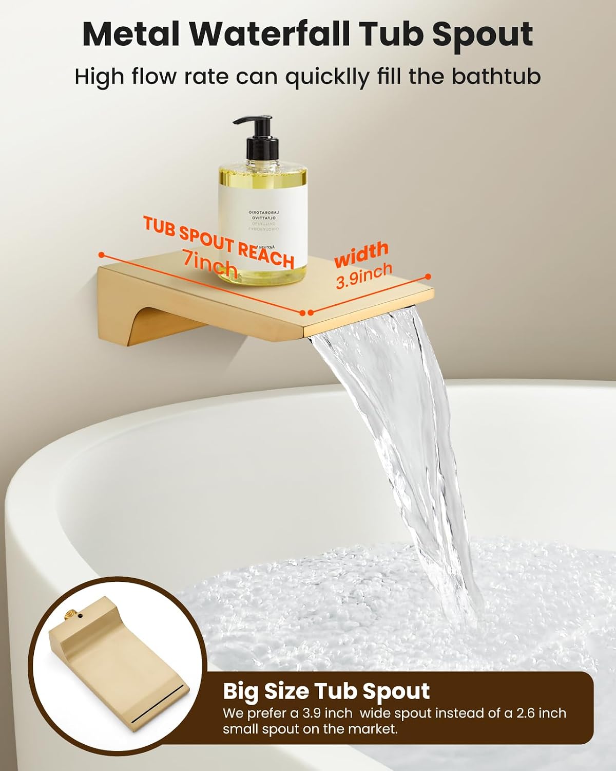 gotonovo Shower System with Tub Spout,Waterfall Tub Shower Faucet Set for Bathroom Head and Handle Set Wall Mounted 3 Function Rough-in Valve and Trim Included 10 inch Shower Head Brushed Gold