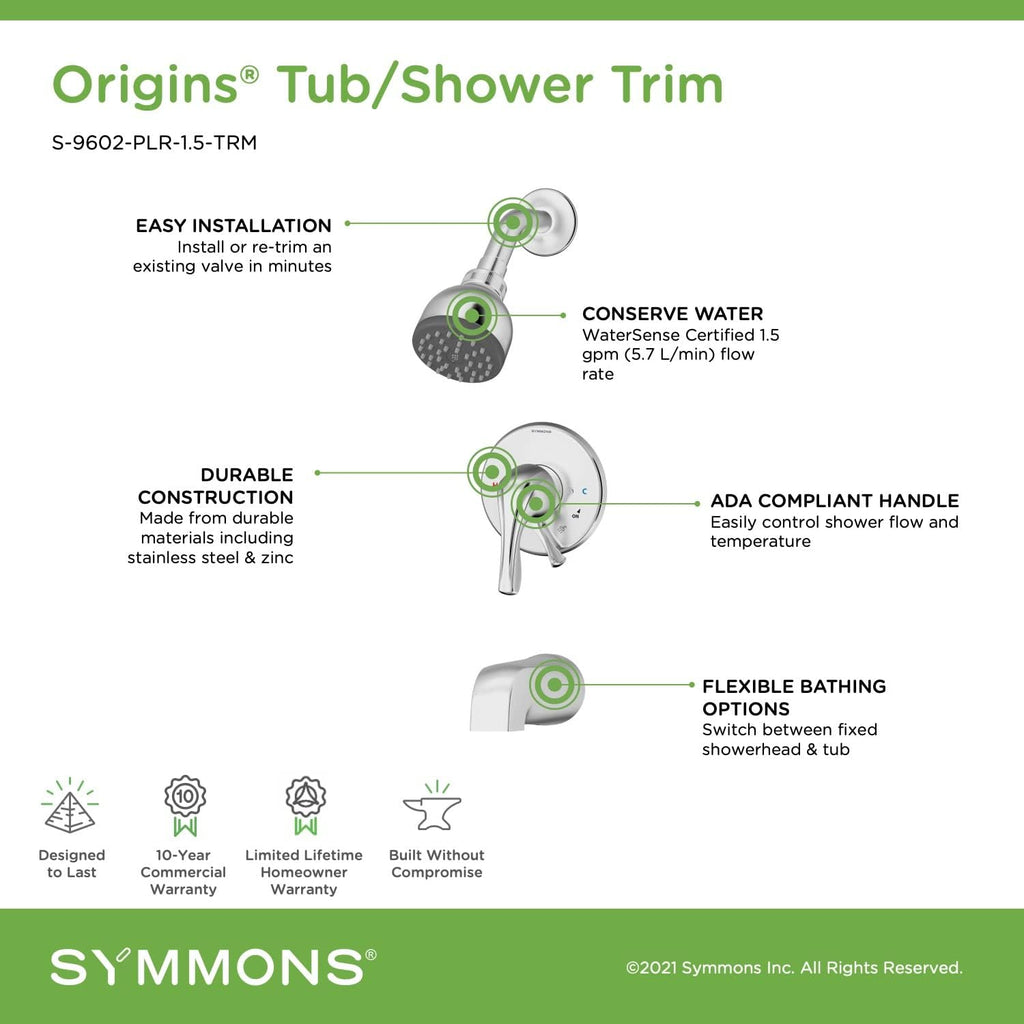 Symmons S-9602-PLR-1.5-TRM Origins Single Handle 1-Spray Tub and Shower Faucet Trim in Polished Chrome - 1.5 GPM (Valve Not Included)