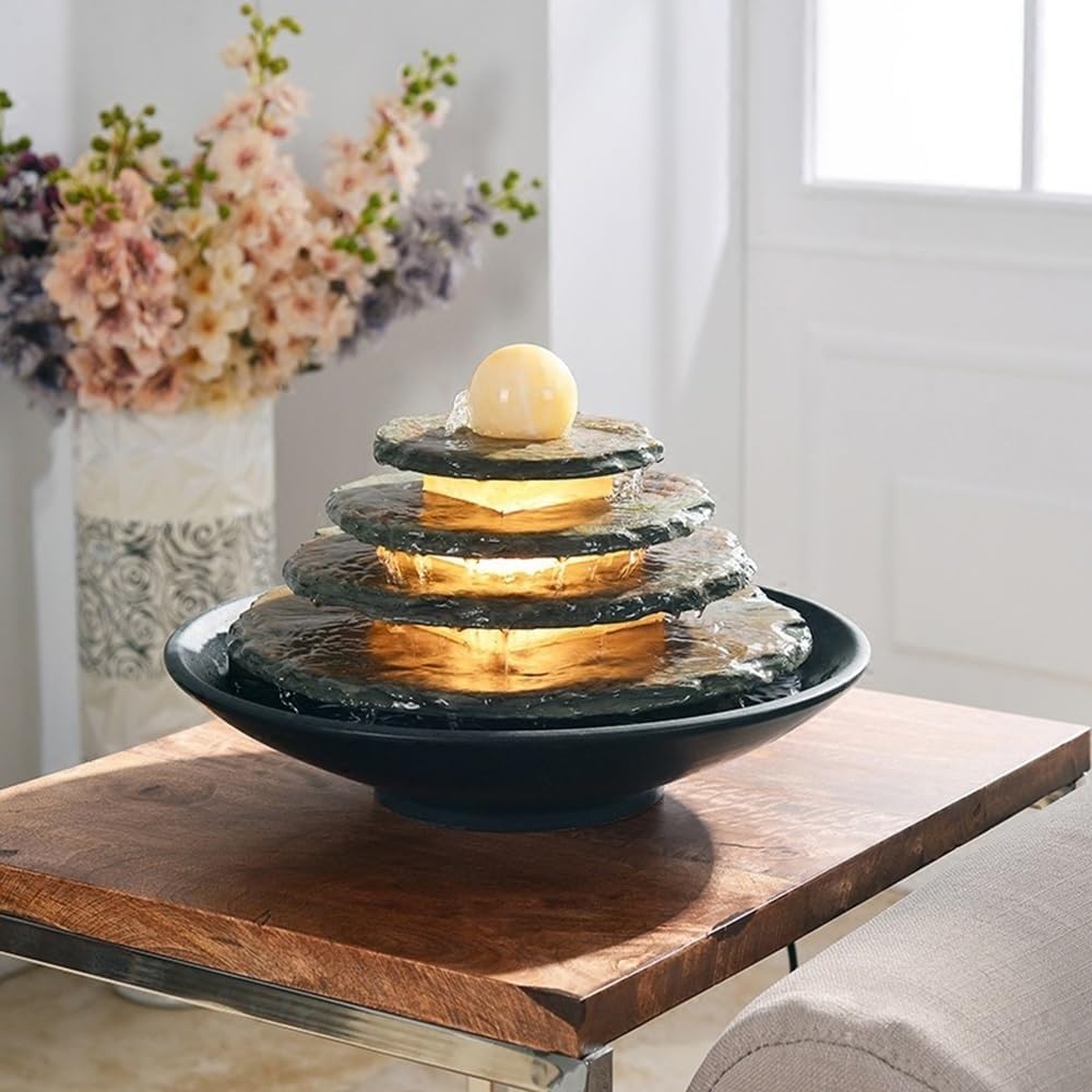 GRFIT Indoor Fountain Small Marble Ceramic Fountain with Round Shape and Circulating Water Flow Ornaments Tabletop Fountain
