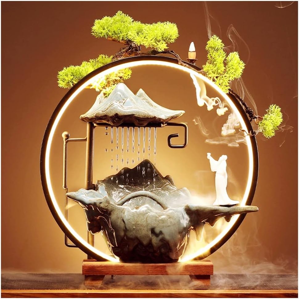 HIHELO Desktop Fountain Tabletop Fountain Chinese Ceramic Water Fountain Desktop Waterfall Fountain Office Decoration Ornaments Water Fountain Outdoor (Color : B)