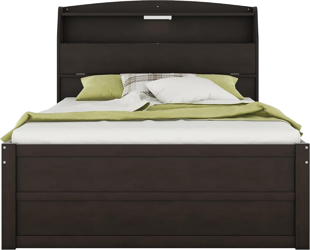 Multi-Function Full Size Platform Bed with Trundle and 3 Drawers, Wood Captain Platform Bed Frame with Storage Headboard and Night Light, Maximized Space (Brown-D1, Full)
