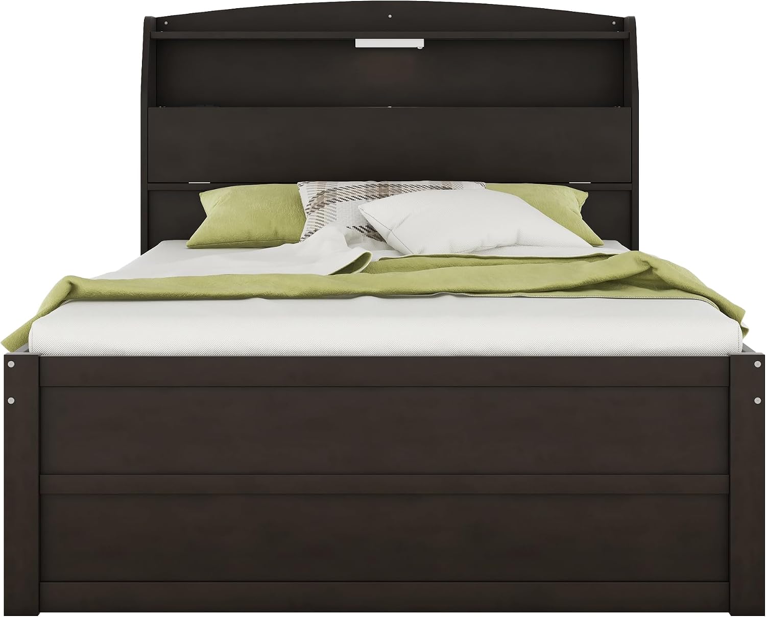 Multi-Function Full Size Platform Bed with Trundle and 3 Drawers, Wood Captain Platform Bed Frame with Storage Headboard and Night Light, Maximized Space (Brown-D1, Full)