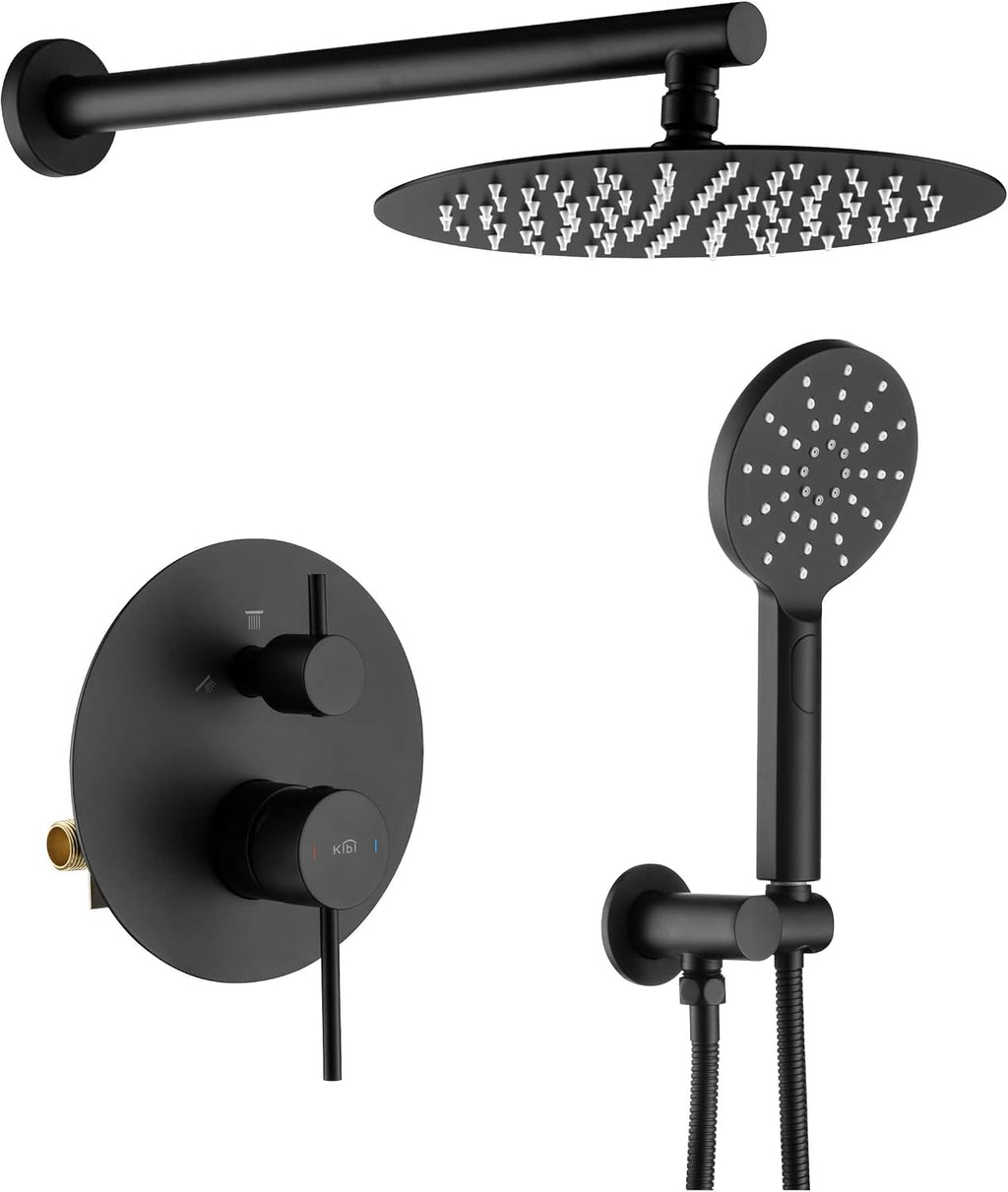 KIBI Shower System with Valve, 2-Function Wall Mounted Bathroom Shower Faucet Set – Solid Brass Pressure Balanced Shower System with Handheld Spray & High Flow Shower Head, Matte Black (KSF403)