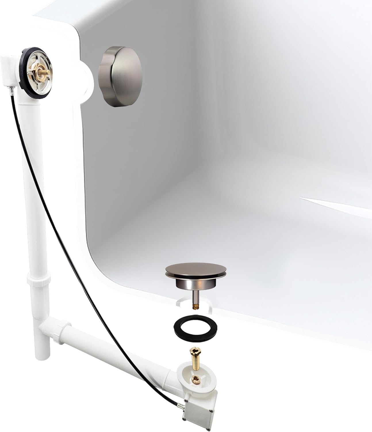 Westbrass A50P35TLE-20 35' Cable Drive Bath Drain Trim Kit with Rotary Overflow Cover Knob, European Stopper and Poly Tubular Pipes, Stainless Steel