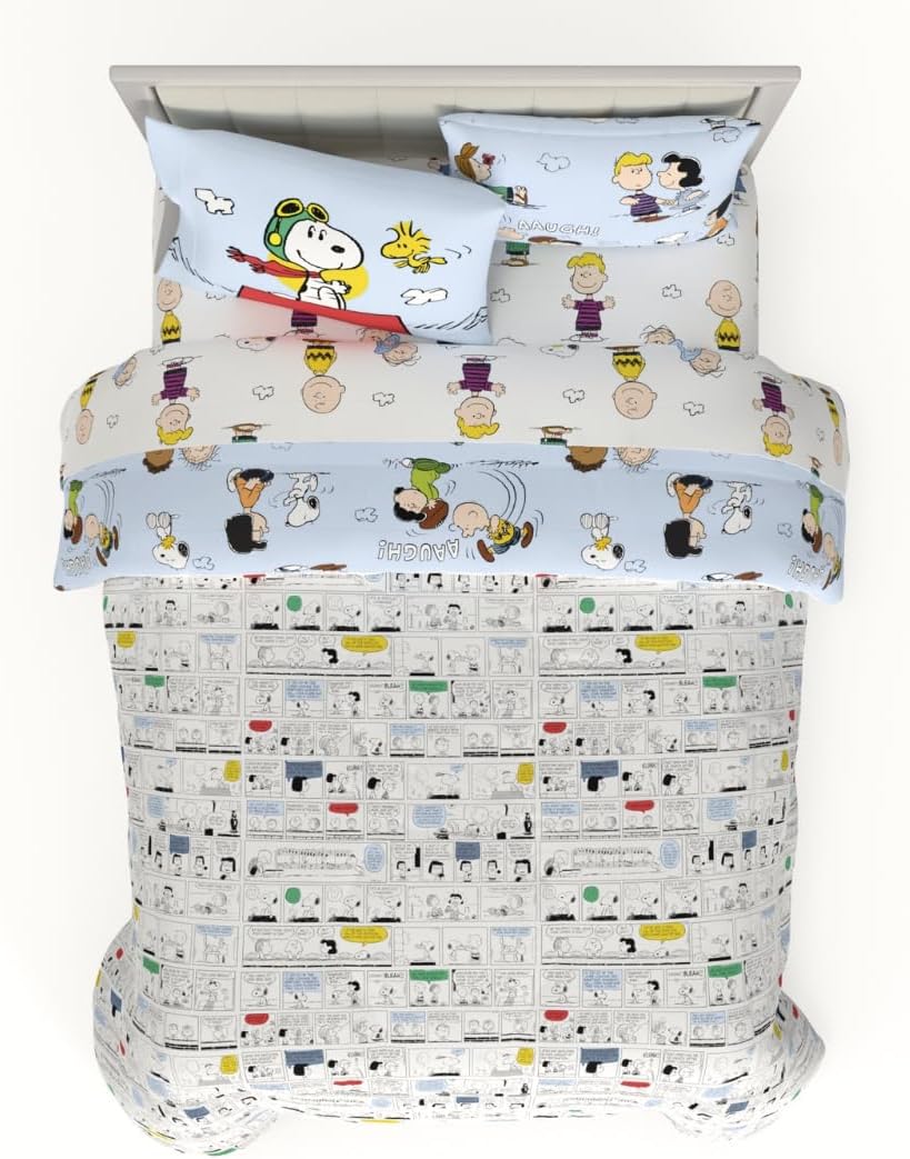 Peanuts Charlie Brown, Snoopy & Gang Bedding, 7 Piece Super Soft Cozy Reversible Comforter and Sheet Set with Sham, Queen, (100% Official Licensed Product) by Franco Collectibles