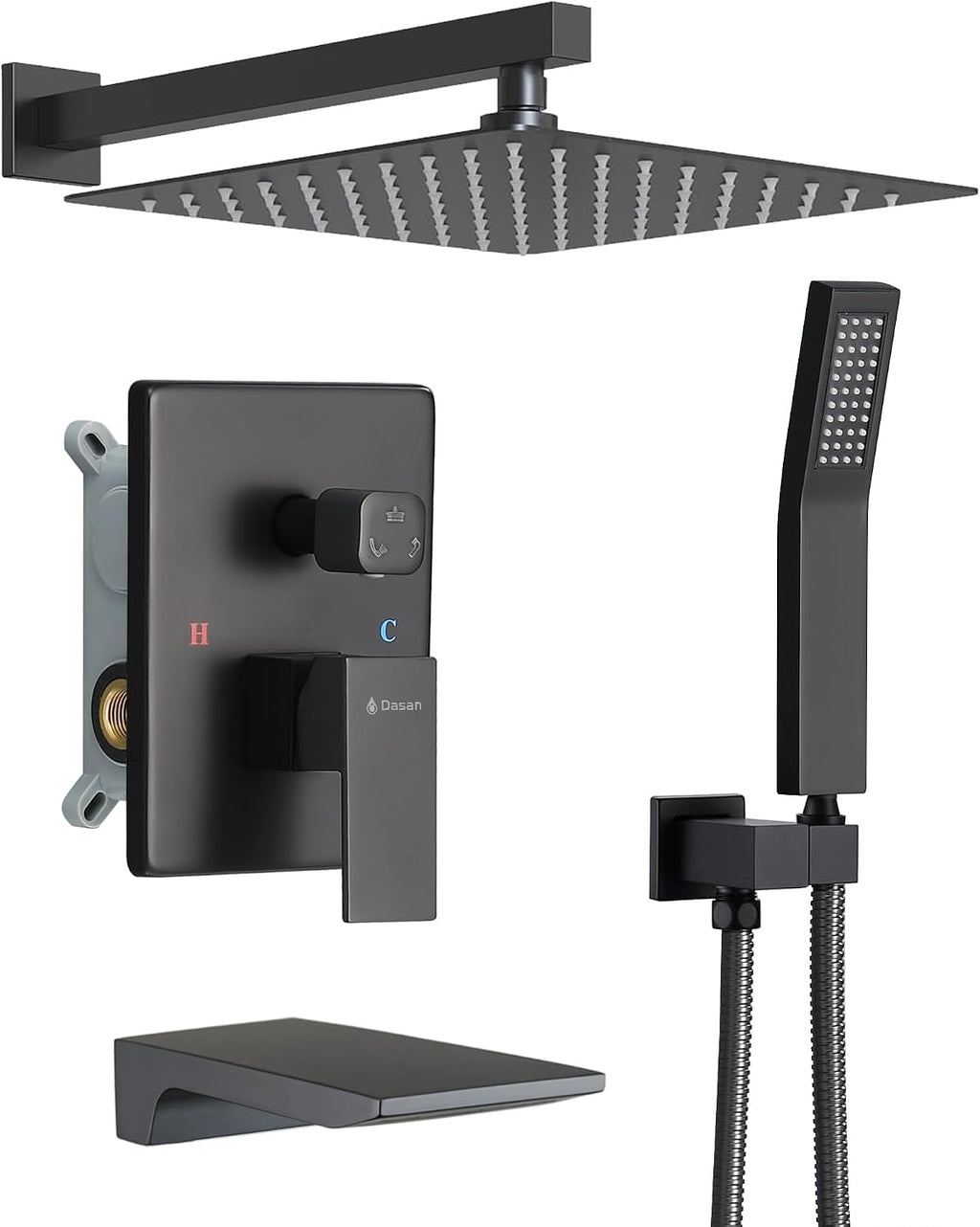 DASAN Tub Shower Faucets Sets Complete Matte Black Bathtub Shower System with Waterfall Tub Spout, Bathtub Faucet Set Tub and Shower Faucet Combo Trim Kit with Valve, DA-SS04MB-S10W
