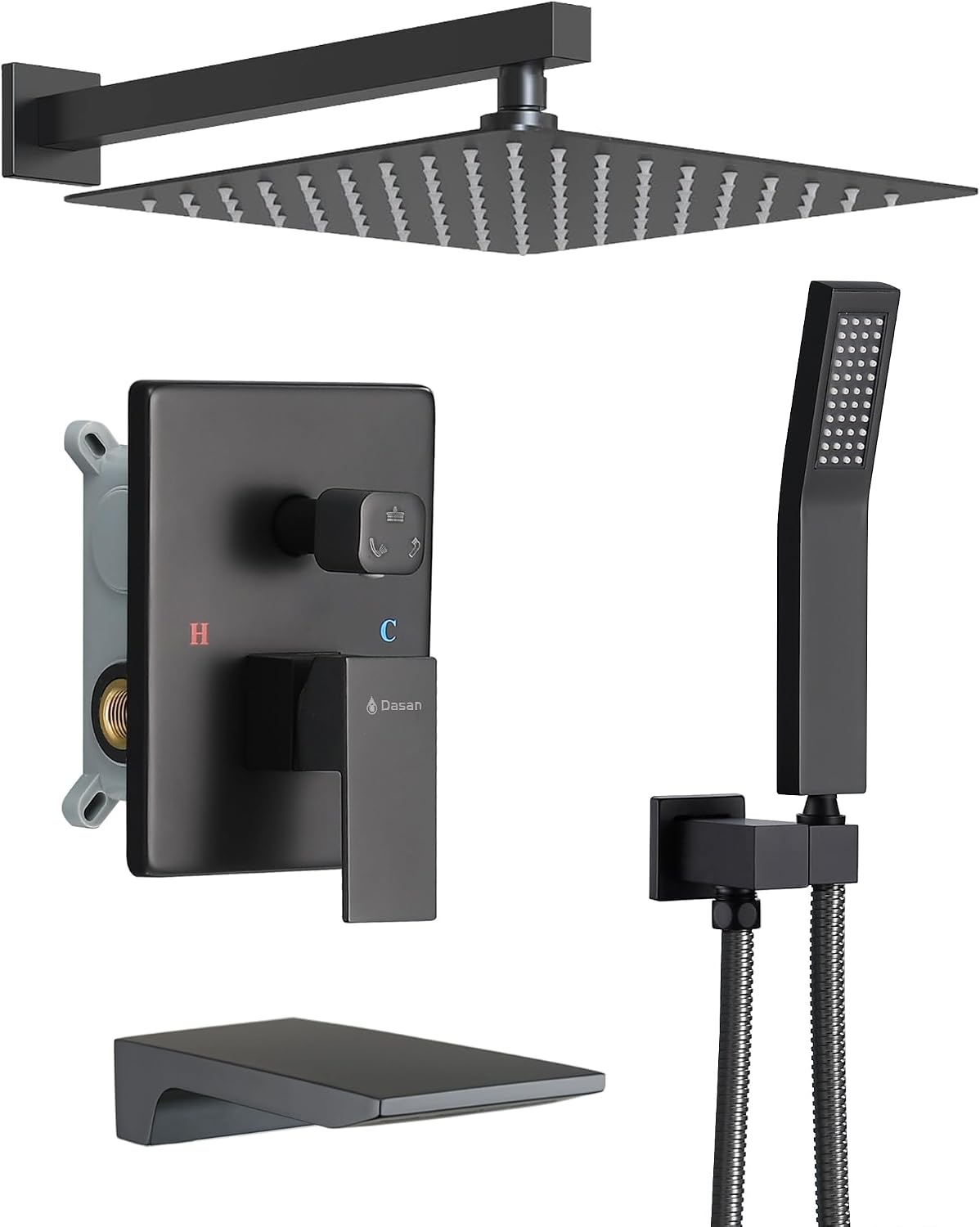 DASAN Tub Shower Faucets Sets Complete Matte Black Bathtub Shower System with Waterfall Tub Spout, Bathtub Faucet Set Tub and Shower Faucet Combo Trim Kit with Valve, DA-SS04MB-S10W
