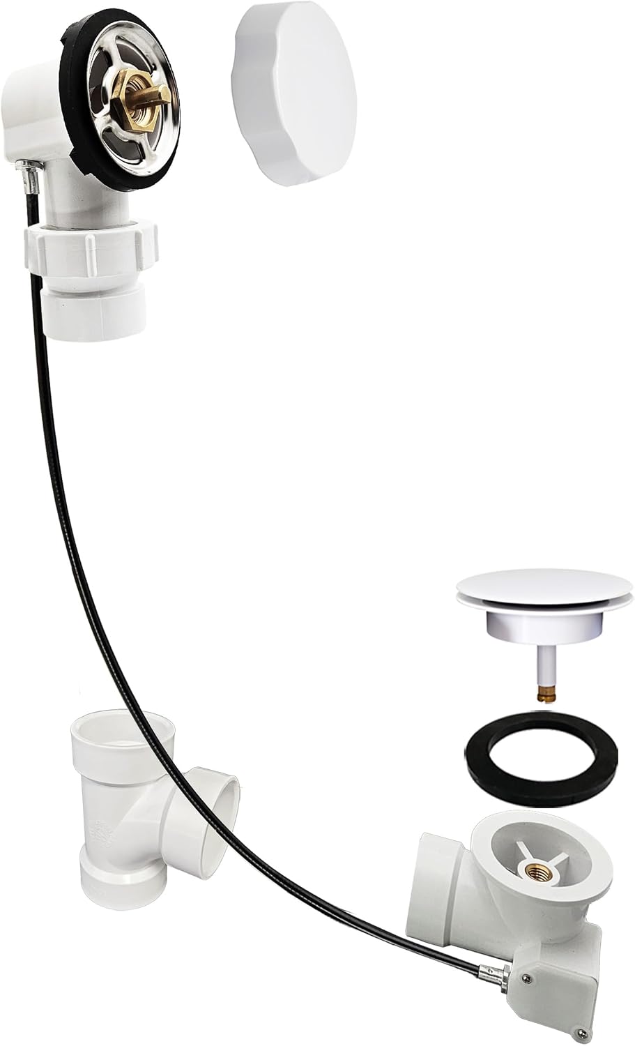 Westbrass A50P35BJ-50 1-1/2' Sch. 40 PVC 35' Cable Driven Bath Waste Kit with Ball Joint Head and Brass Trim Drain Kit, White