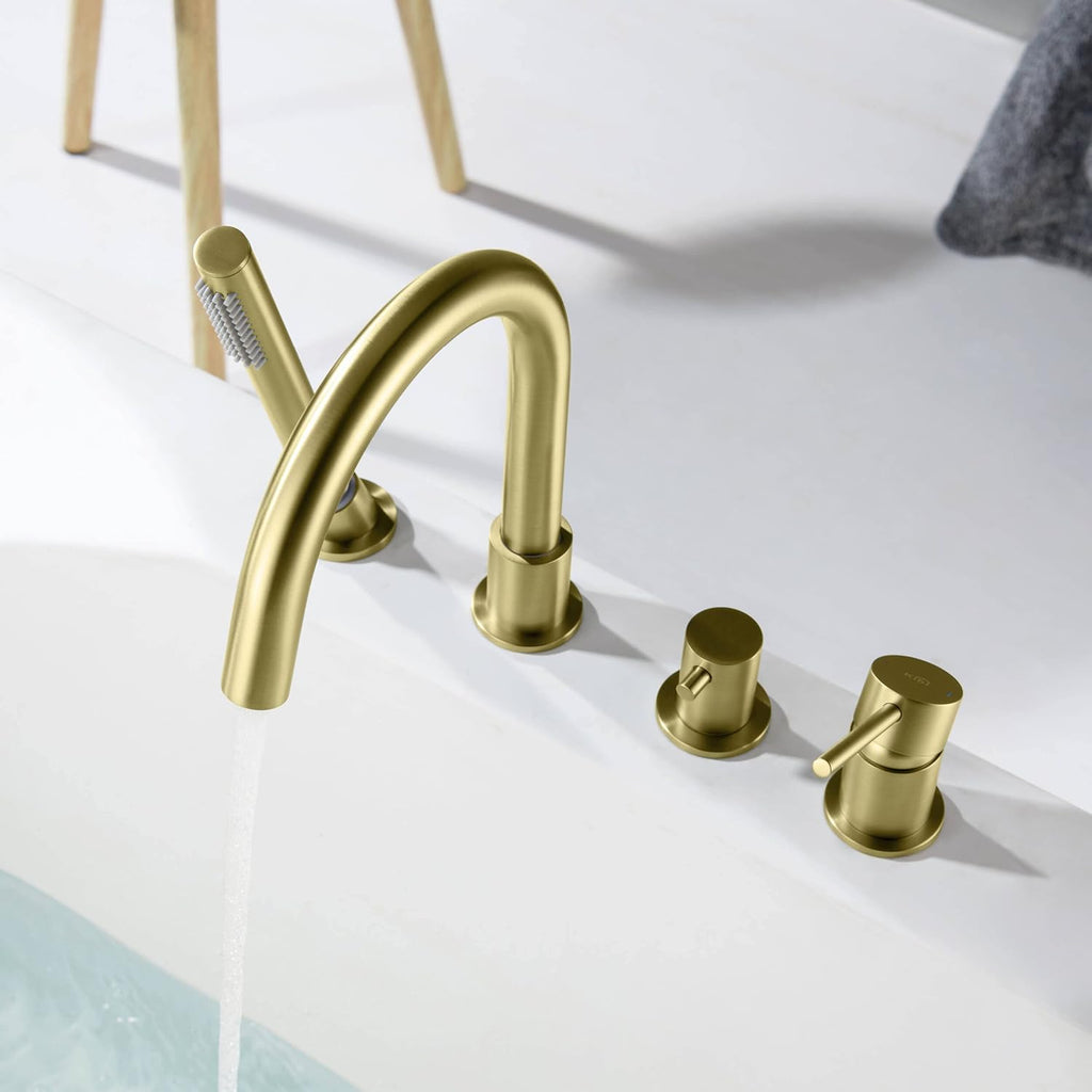 KIBI Circular Roman Tub Faucet with Hand Shower, Deck Mounted Bathtub Faucet Set – Single Handle Solid Brass Bathroom Tub Filler with Diverter, Brushed Gold (KTF3101)