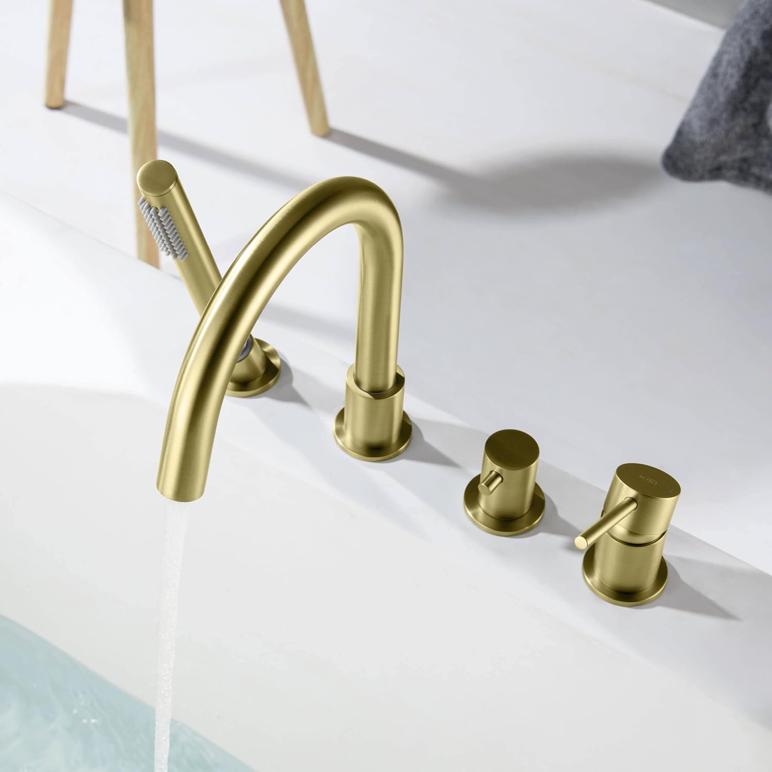 KIBI Circular Roman Tub Faucet with Hand Shower, Deck Mounted Bathtub Faucet Set – Single Handle Solid Brass Bathroom Tub Filler with Diverter, Brushed Gold (KTF3101)