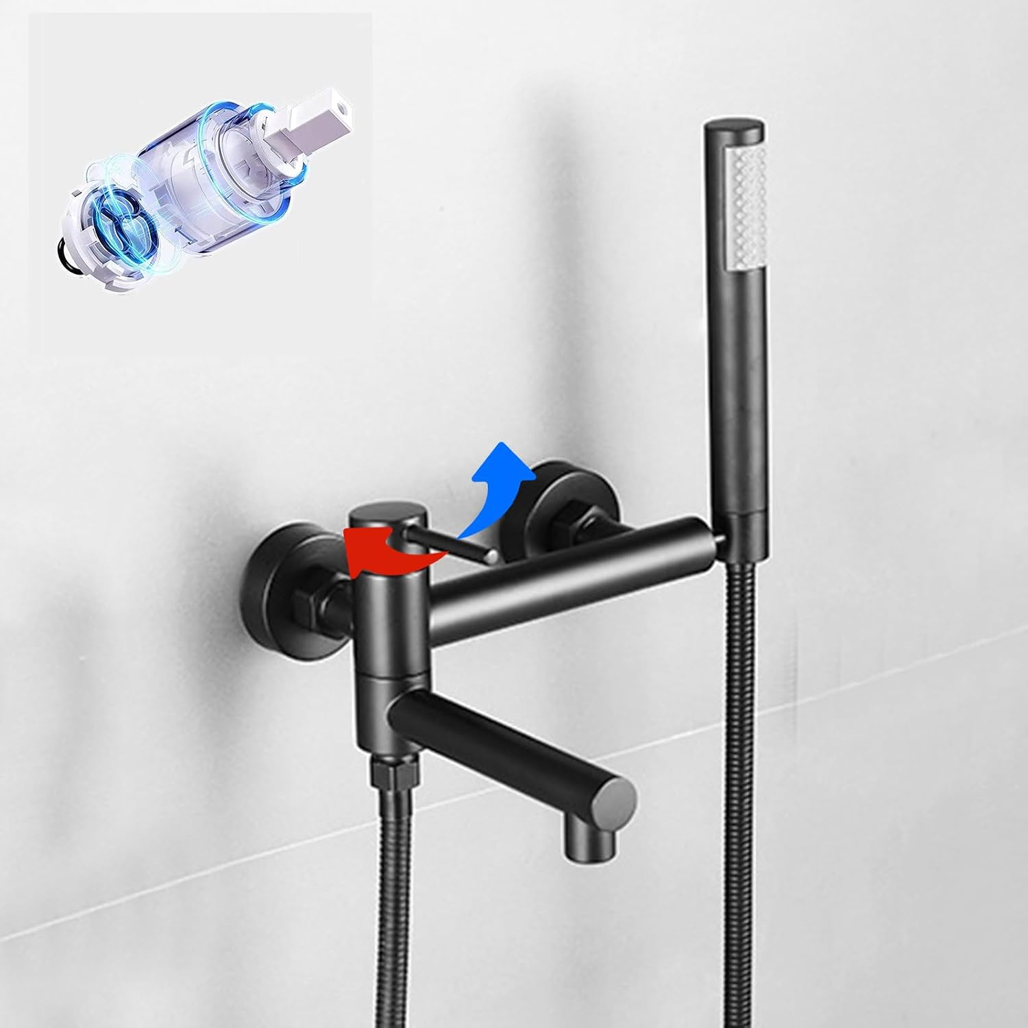 BiaoTeng Wall Mount Tub Faucet with Handheld Shower Hot and Cold Brass Single Handle Wall Mount Bath Tub Faucet Set Black