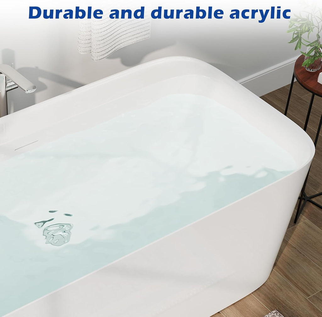 59' Lucite Acrylic Freestanding Bathtub, Rectangular Shape Contemporary Soaking Tub with Toe-tap Chrome Drain, Slotted Overflow, cUPC Certified, Glossy White