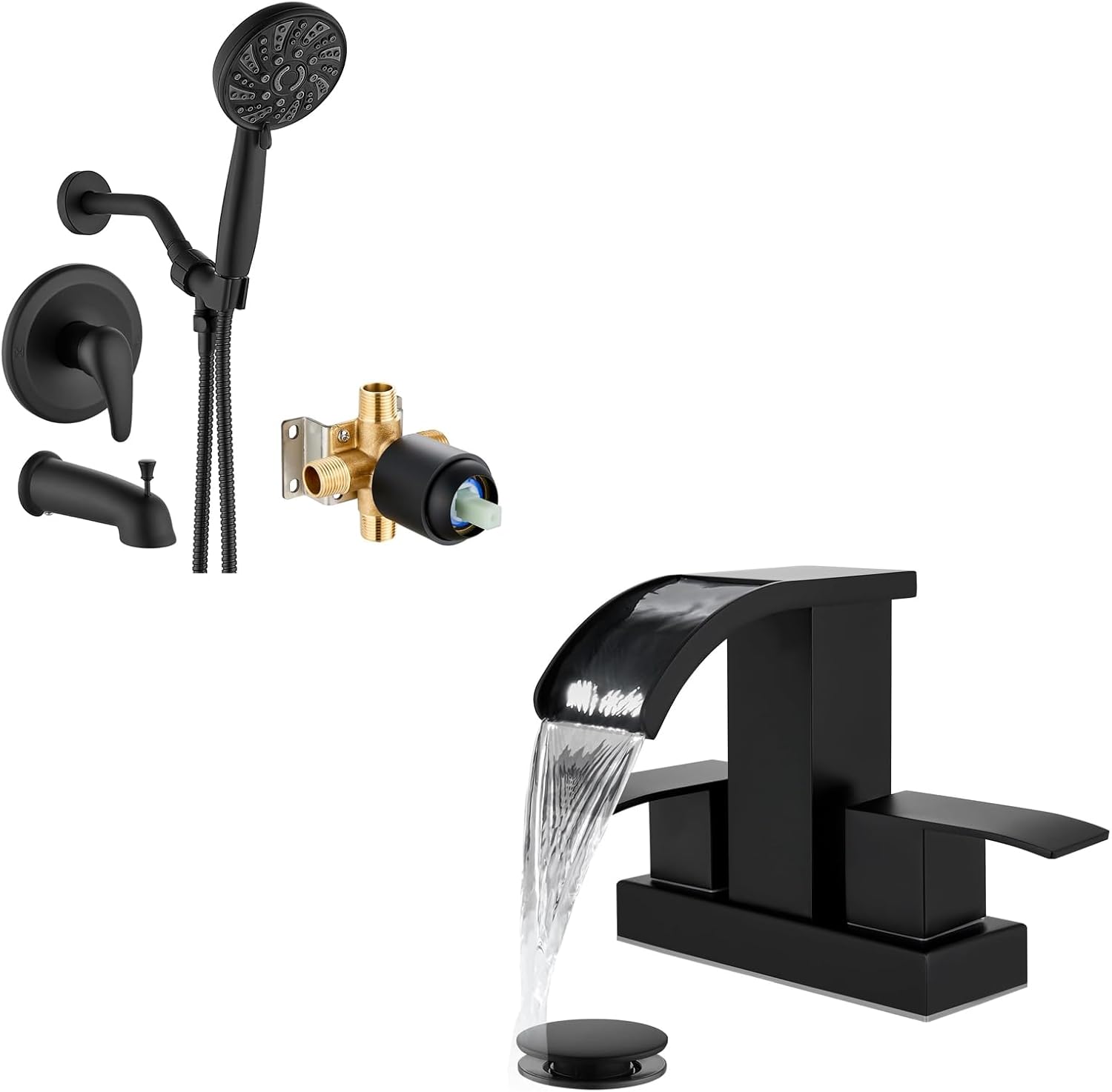 gotonovo Bathroom Shower Head Kit High Pressure Combo 6 Modes ABS Handheld Spray Valve Included with gotonovo 4 Inch Centerset Waterfall Sink Faucet Deck Mount 2 Handle Pop Up Drain Matte Blac