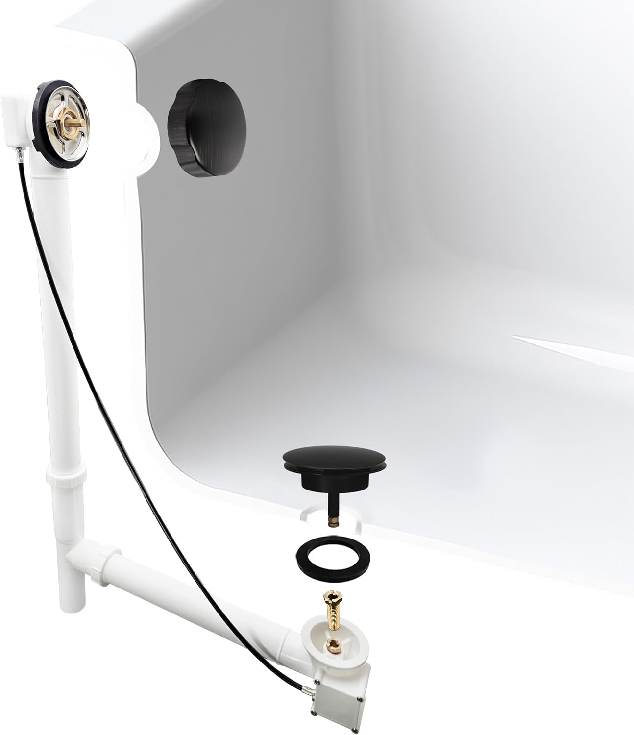 Westbrass A50P27TLE-12A 27' Cable Drive Bath Drain Trim Kit with Rotary Overflow Cover Knob, European Stopper and Poly Tubular Pipes, Antique Bronze