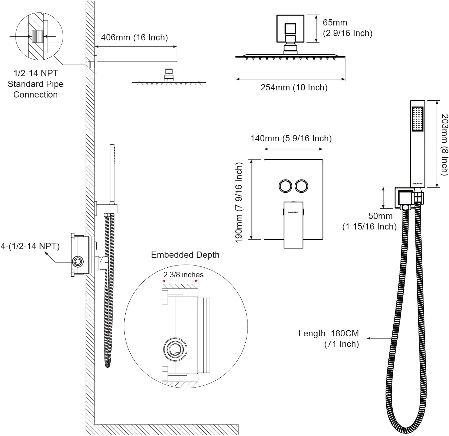 Shower System Shower Faucet Set with Push-Button Diverter and Wall Supply Elbow 10 Inch Shower Head Polished Chrome