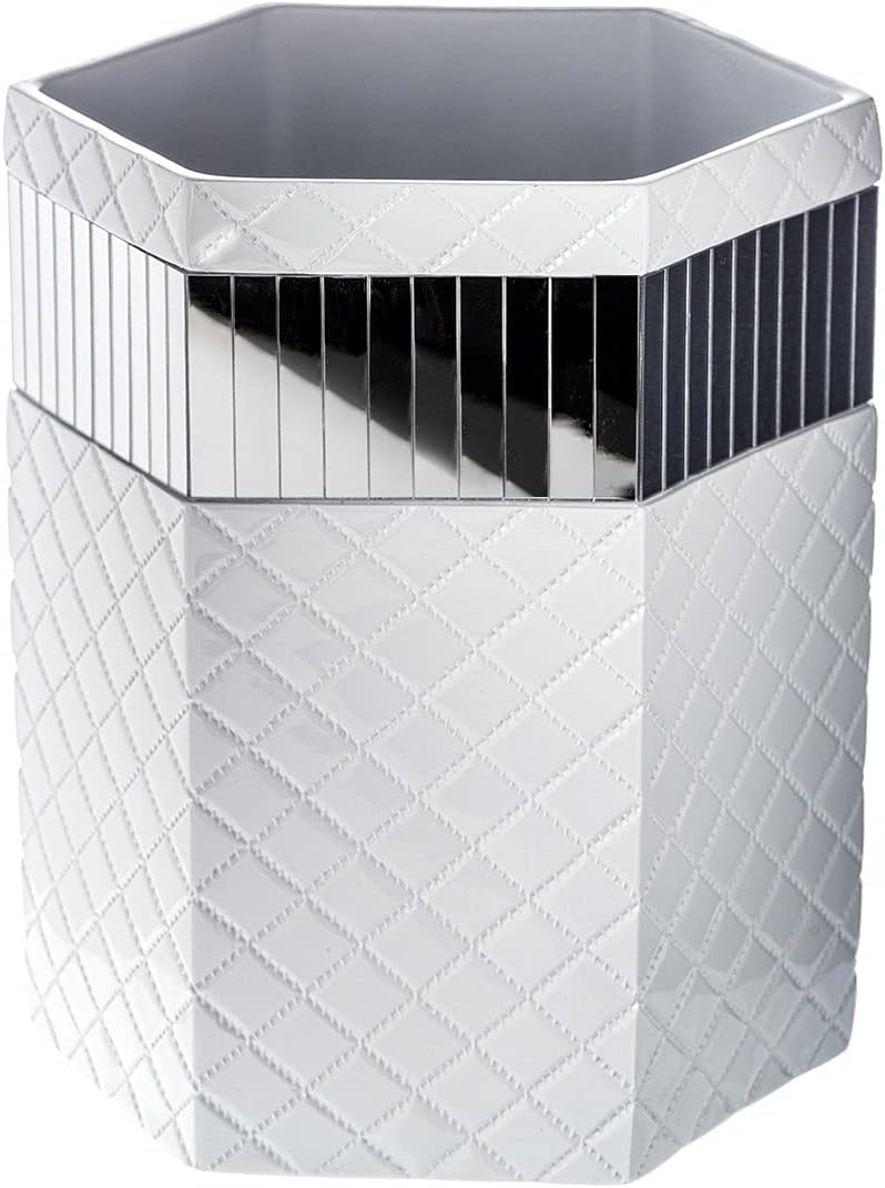 Creative Scents Quilted Mirror White Bathroom Accessories Set - 7 Pc Bathroom Set Includes Trash Can, Tissue Cover, Vanity Tray, Soap Dispenser, Toothbrush Holder, Tumbler & Soap Dish (Quilted Mirror)