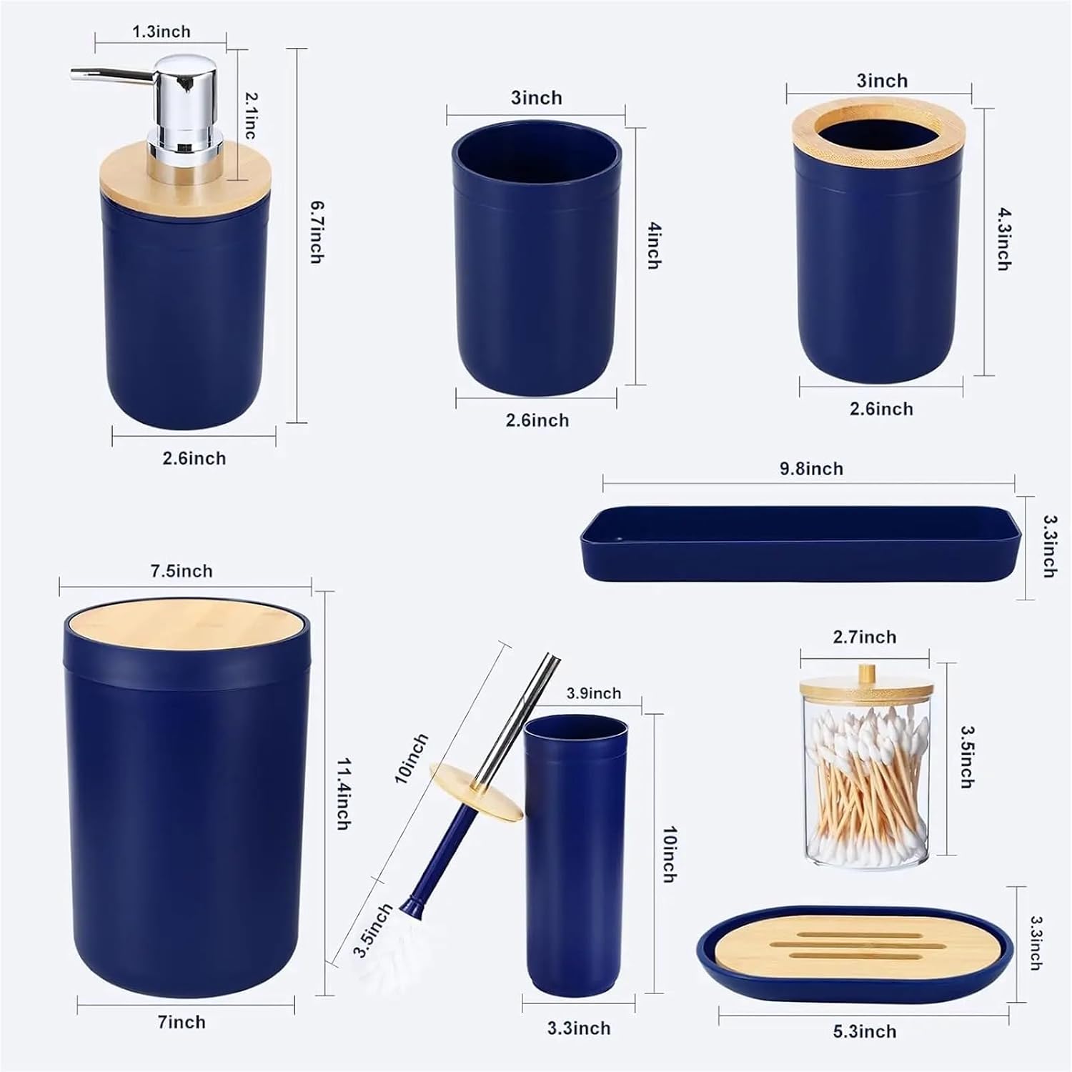 Bathroom Accessories Set Navy Blue Bathroom Decor Sets with Trash Can,Toilet Brush,Toothbrush Holder, Lotion Soap Dispenser,