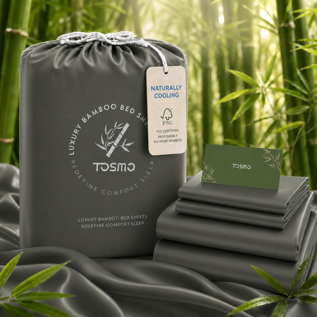TOSMO Luxury Cooling Sheet Set - 100% Viscose from Bamboo, 3-Piece Bedding Set (Twin Size) - 18' Extra Deep Pockets, Oeko-Tex Certified, Silky Soft and Breathable, Charcoal
