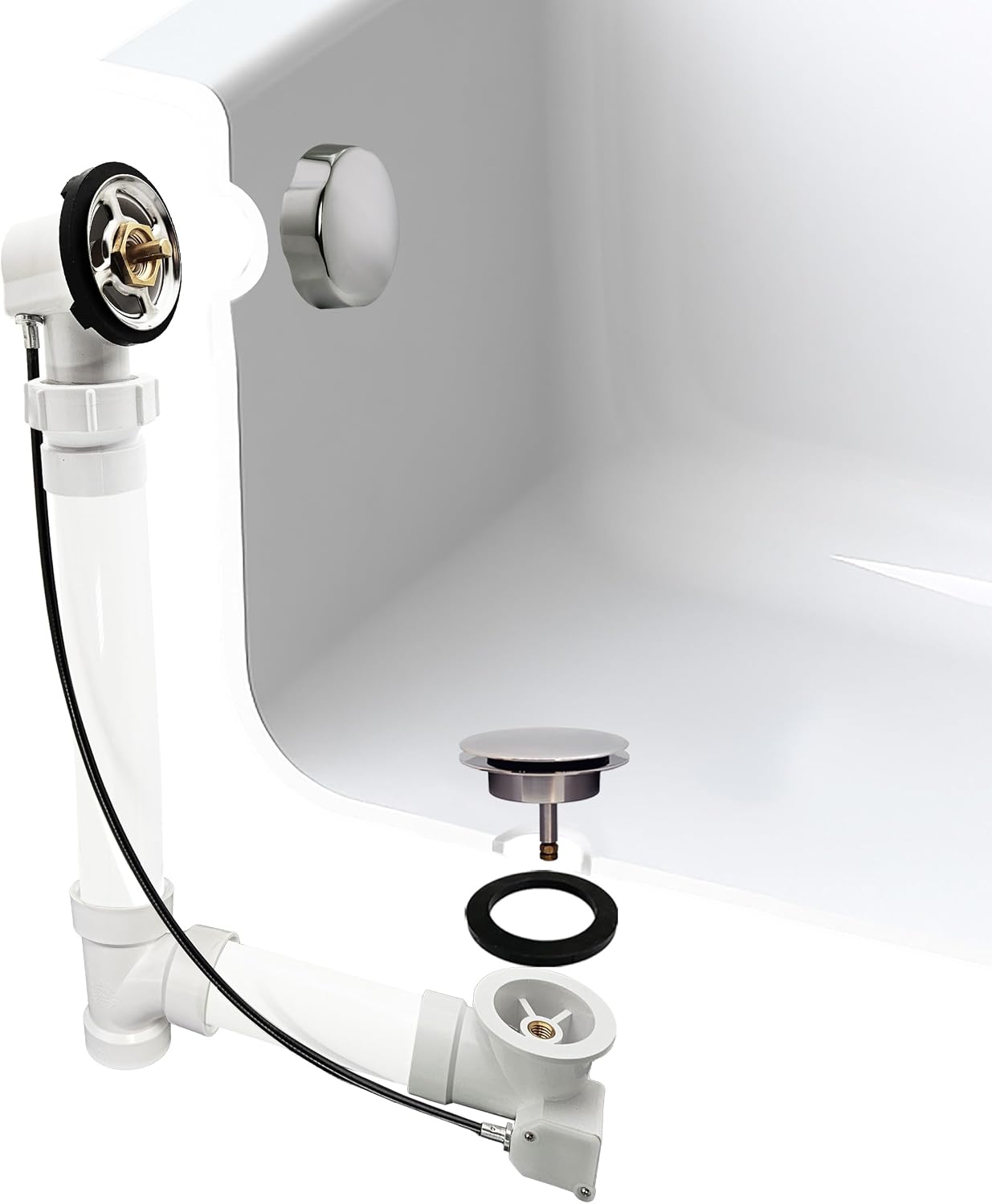 Westbrass A50P35BJ-05 1-1/2' Sch. 40 PVC 35' Cable Driven Bath Waste Kit with Ball Joint Head and Brass Trim Drain Kit, Polished Nickel