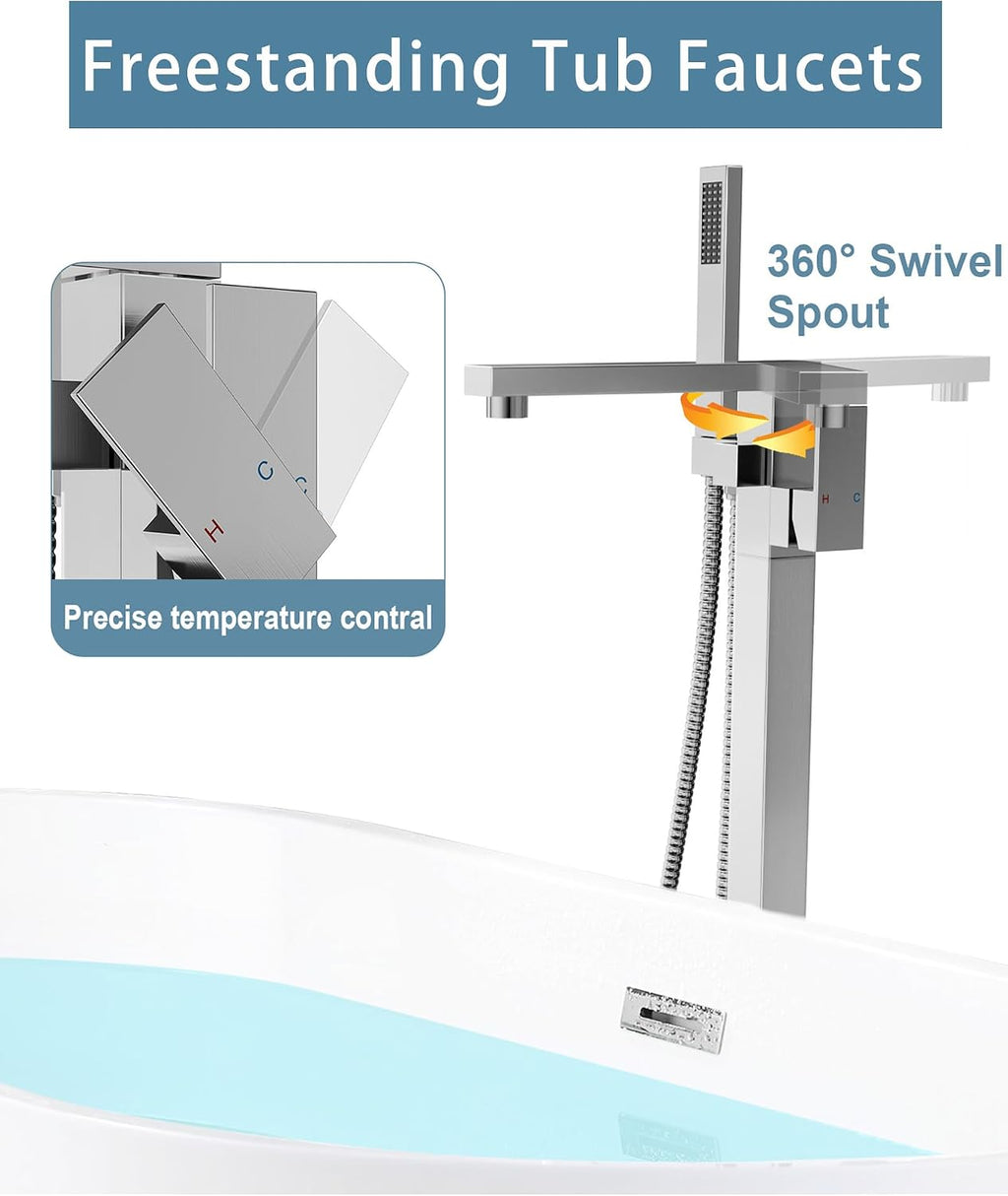 Free Standing Tub Faucet Brushed Nickel,Freestanding Bathtub Faucet For Luxury Bathtub,High Flow Tub Filler,Swivel Spout Brass Construction with Handheld Shower