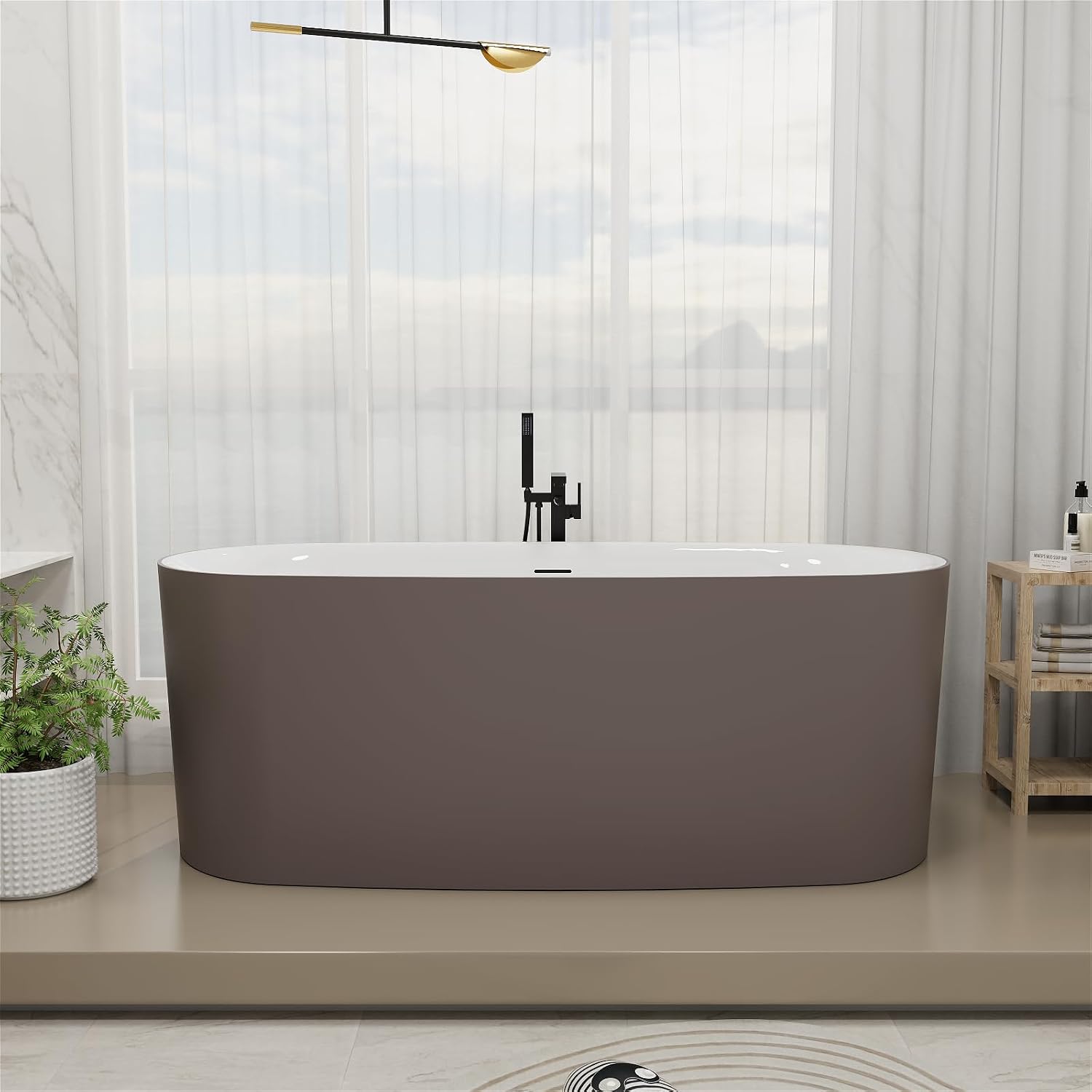 59' Solid Surface Resin Freestanding Bathtub Oval Shape, Modern Deep Stone Resin Soaking Bathtub with Integrated Slotted Overflow, Toe-Tap Chrome Drain, cUPC Certified, Brown