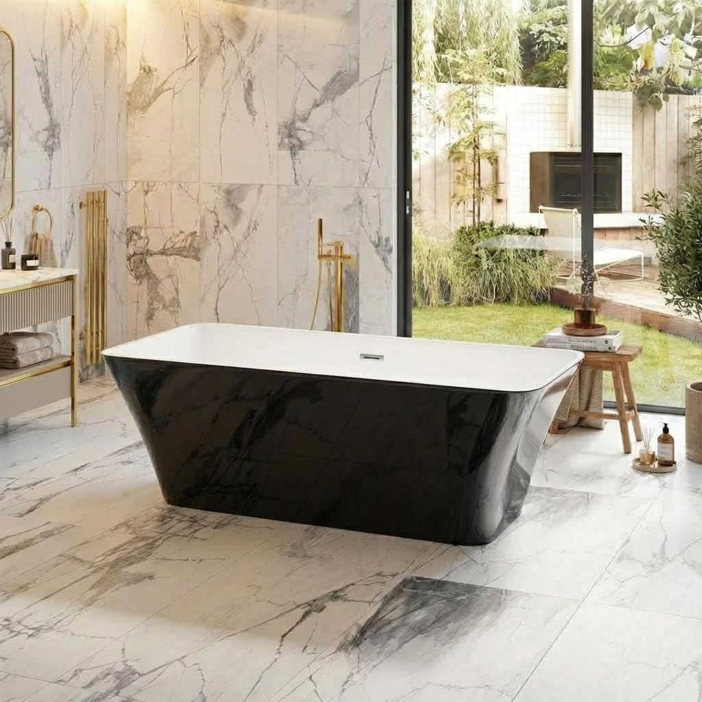 Freestanding Bathtub 67 inch Black and White Acrylic Tub, Deep Soaking Modern Bath for Bathroom Remodel and Home Spa Relaxing Comfort