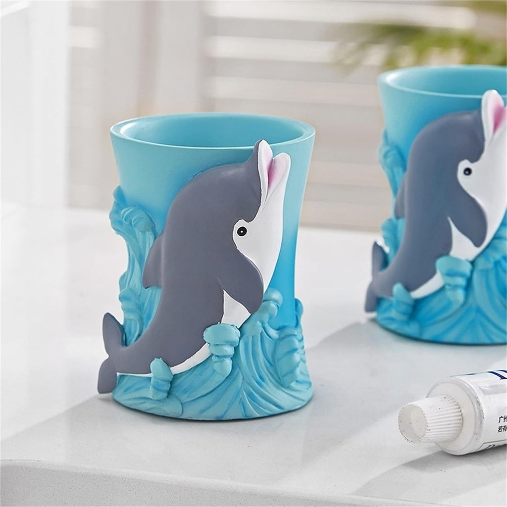 Bathroom Accessories Set, 5-Piece Blue Dolphin Soap Dispenser, Toothbrush Holder, Soap Dish, 2 Tumblers Bath Set
