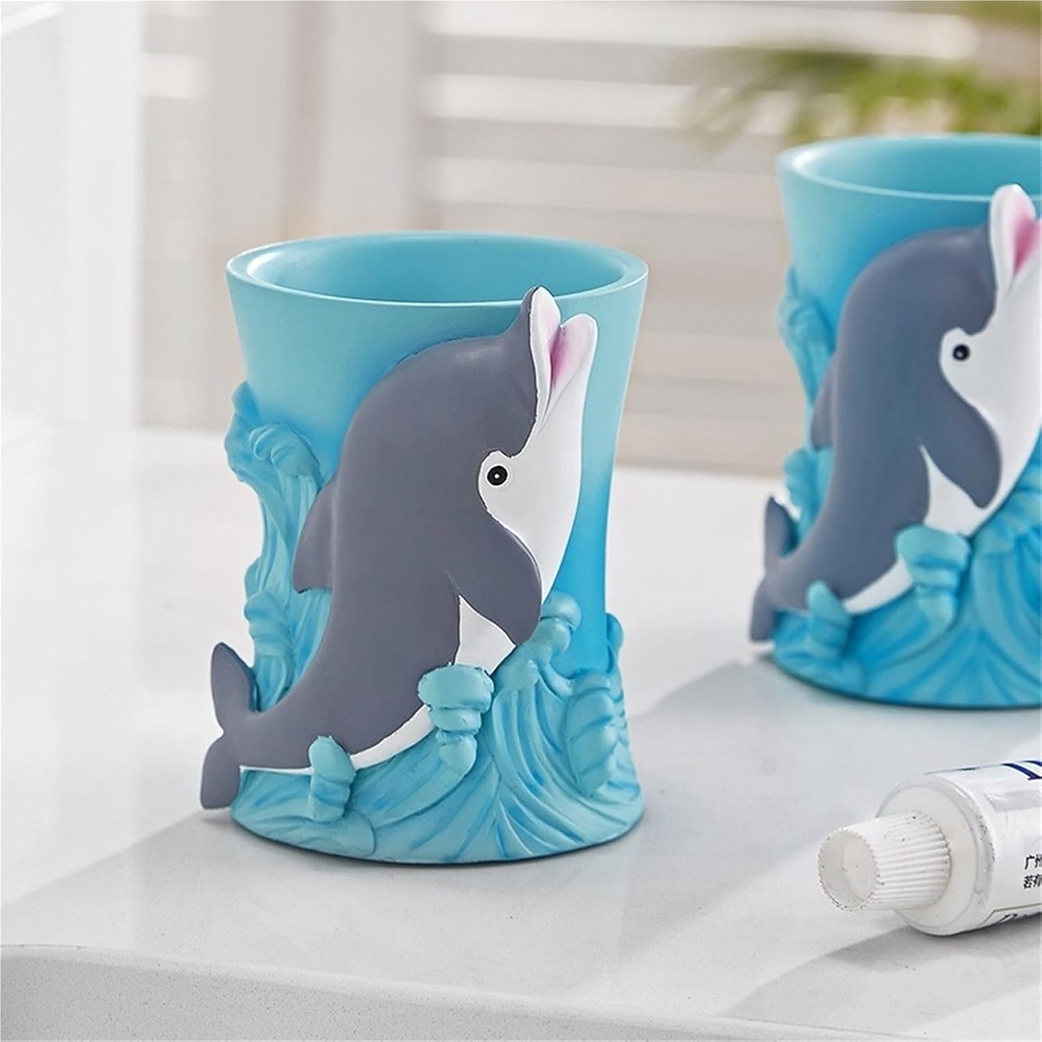 Bathroom Accessories Set, 5-Piece Blue Dolphin Soap Dispenser, Toothbrush Holder, Soap Dish, 2 Tumblers Bath Set