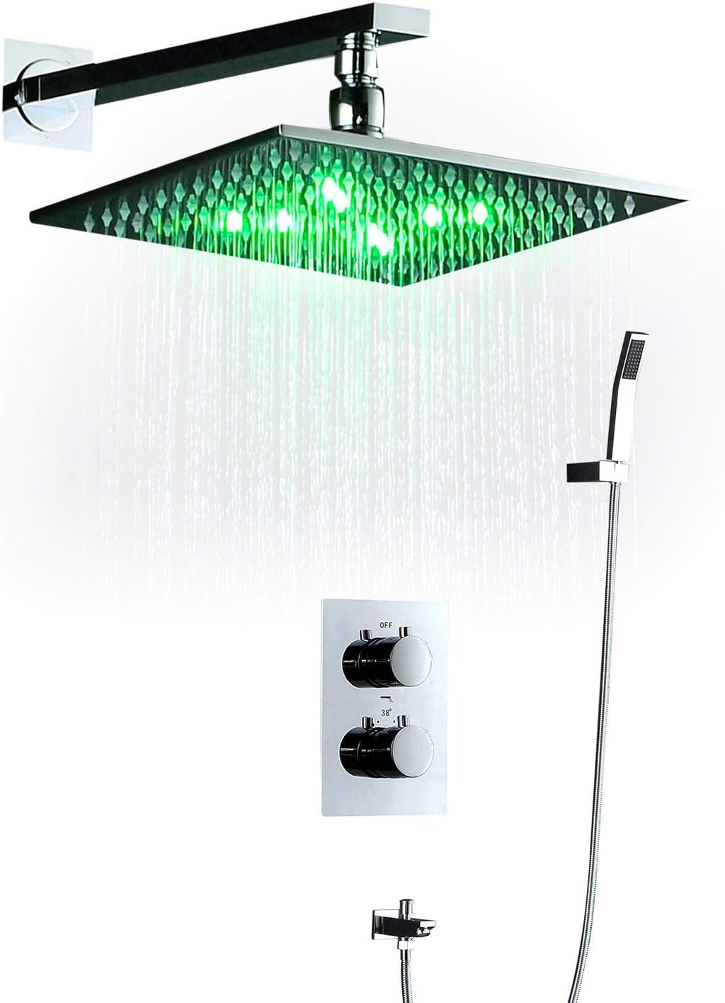 Shower Head Overhead Shower Thermostat Rotate 360 Degrees Led Smart Light Rainfall Shower Set Floor drain (Color : Silver)