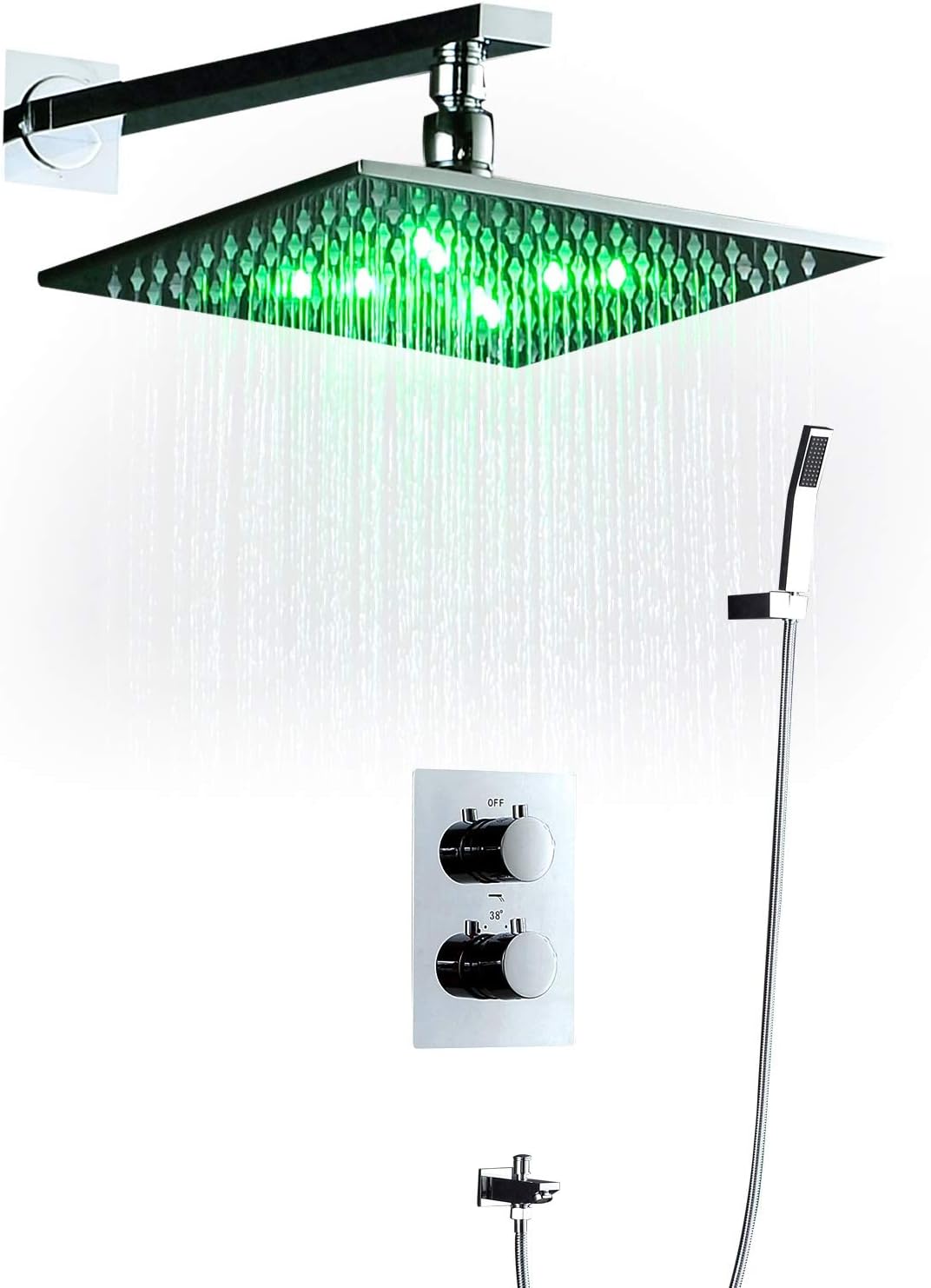 Shower Head Overhead Shower Thermostat Rotate 360 Degrees Led Smart Light Rainfall Shower Set Floor drain (Color : Silver)
