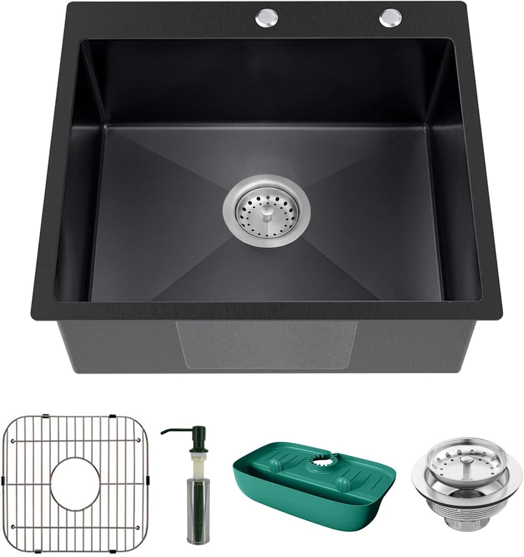Black Kitchen Sink, Stainless Steel Topmount 25x22x9 Inch Single Bowl Drop In Kitchen Sink Combo- Stainless Grid,Soap Dispenser,Faucet Mat,Drain Strainer Set for Modern Style Kitchen&Bar