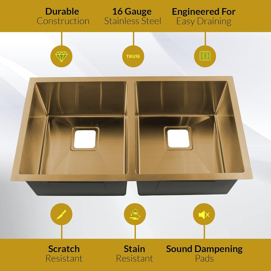 Strictly Sinks 32 Inch Undermount Double Bowl Kitchen Sink – Gold Kitchen Sink Designer Shelf Accessory 16 Gauge Stainless Steel – With Bottom Grid, 1 Disposal Adapter and 2 Strainer Drains