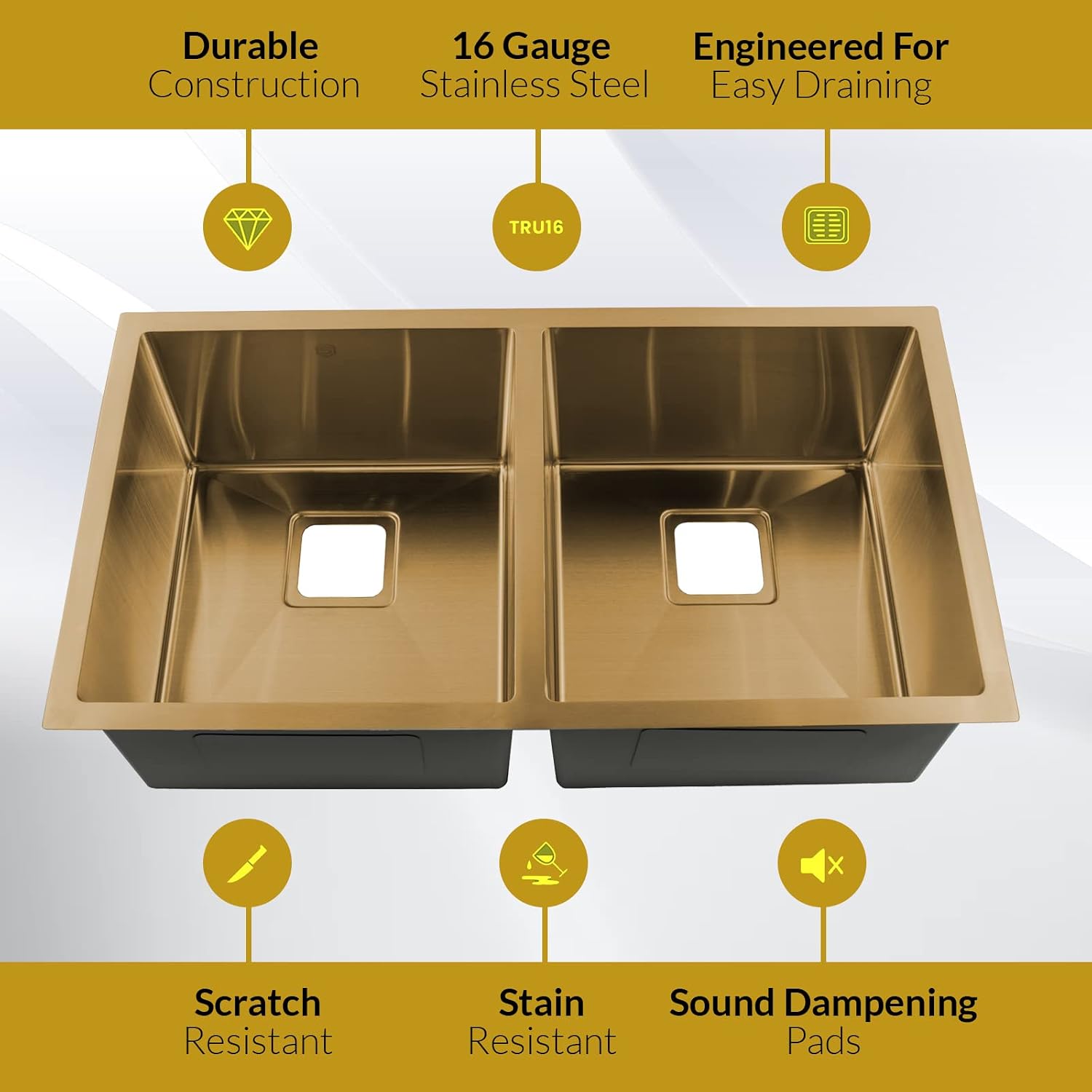 Strictly Sinks 32 Inch Undermount Double Bowl Kitchen Sink – Gold Kitchen Sink Designer Shelf Accessory 16 Gauge Stainless Steel – With Bottom Grid, 1 Disposal Adapter and 2 Strainer Drains