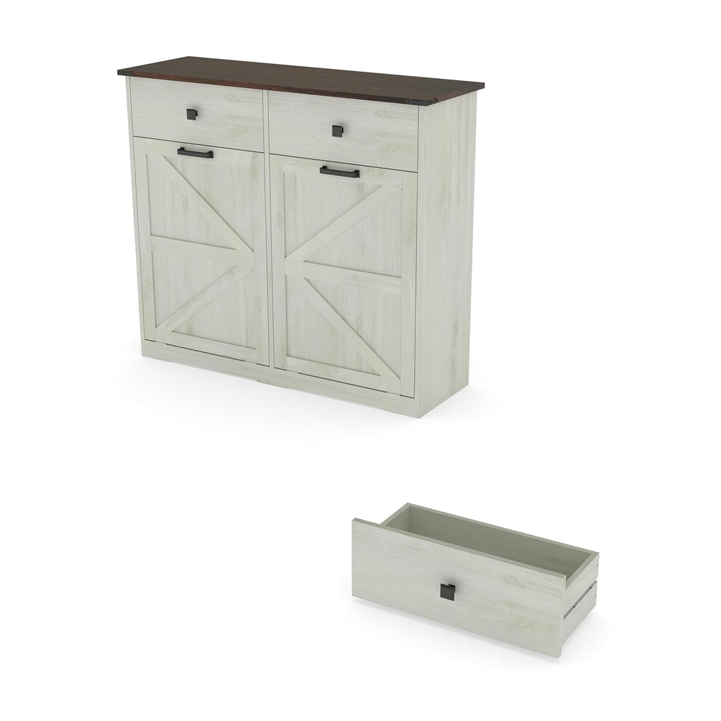 Farmhouse Double Tilt-Out Trash Cans for 2×10 Gallon Bins, Barn Door Style Recycling Cans w/ Hideaway Drawer, Free-Standing Kitchen Garbage Bin Holder, Laundry Sorter Cabinet w/ Tilt-Out Design.