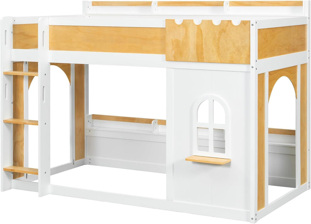 MERITLINE Twin Over Twin Bunk Bed with Storage Shelves,Window,and Doors,Solid Wood Floor House Bunk Bed with Storage, Ladder and Guardrails for Teens Adults