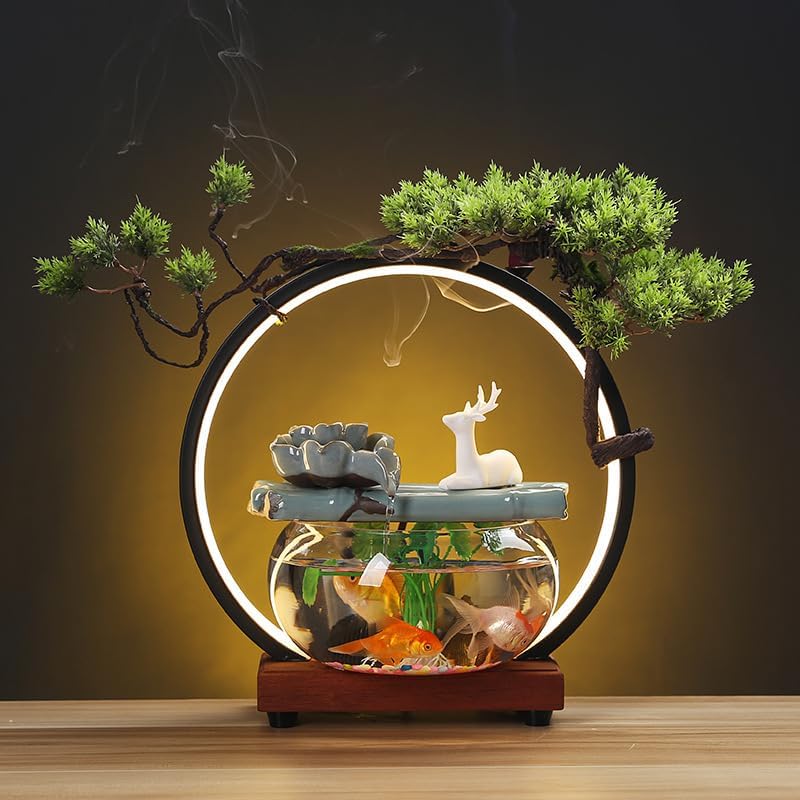 Fish Tank Feng Shui Tabletop Fountain with LED Light, Submersible Water Pump, No Filter or Battery Needed, Small Waterfall Fountain for Indoor Outdoor Garden Decoration (C)(A)