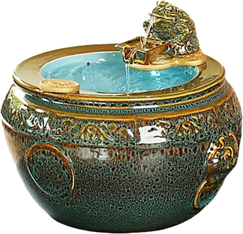 GRFIT Indoor Fountain Relaxing Ceramic Tabletop Fountain with Water Wheel and Lucky Toad Decoration Table Fountain