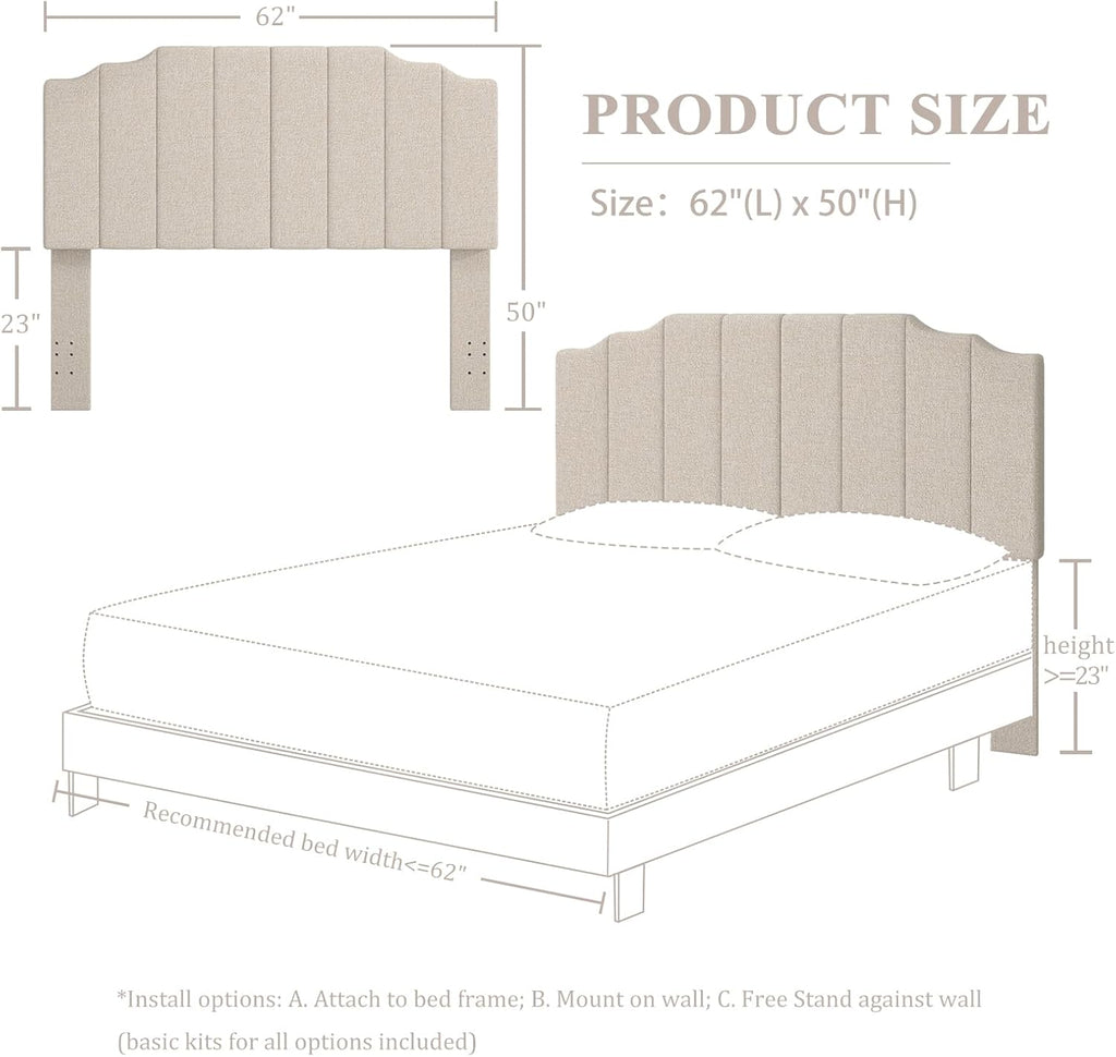 Befurtori Queen Size Headboard Only, Linen Wall Mounted Headboard Queen/Full Size for Adjustable Bed, Modern Vertical Channel Design with Curved Tufted Upholstered Head Board, Beige