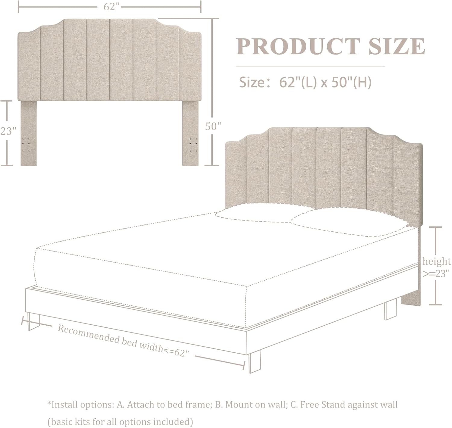 Befurtori Queen Size Headboard Only, Linen Wall Mounted Headboard Queen/Full Size for Adjustable Bed, Modern Vertical Channel Design with Curved Tufted Upholstered Head Board, Beige
