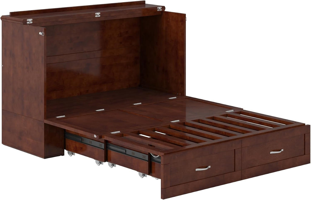 AFI Hamilton Full Murphy Bed Chest with Mattress, Storage, and Built-in Charger in Walnut